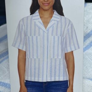 Buffalo David Bitton Women's L Utility Top White Blue Linen h0045